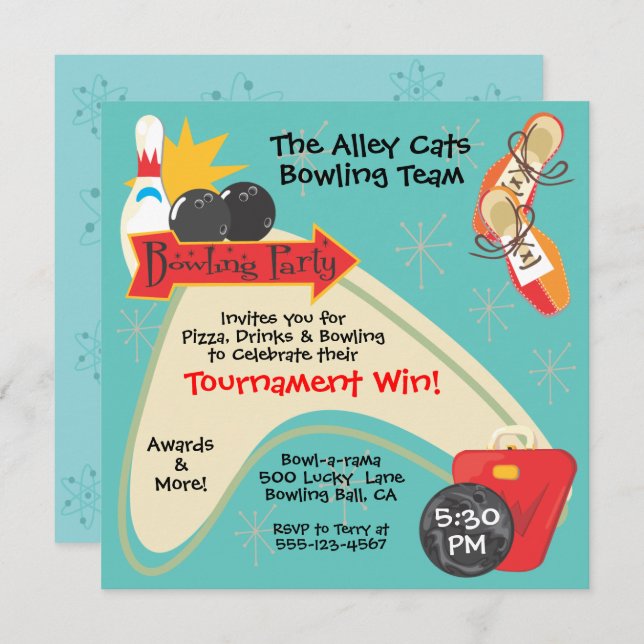 Convite Liga de Equipe de Boliche Retrô Festa (Frente/Verso)