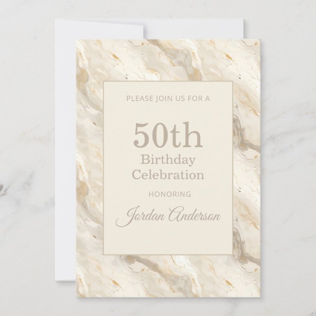 Convite Light Beige Marble 50th Birthday (Frente)