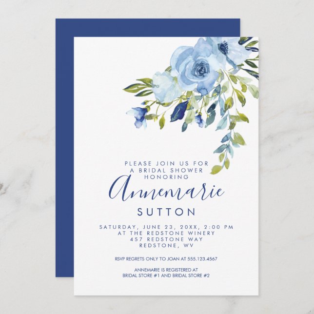 Convite Light Blue and Navy Floral Bridal Shower | (Frente/Verso)