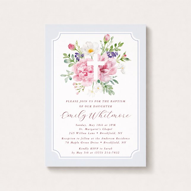 Convite Light Blue and Pink Watercolor Floral Baptism  (Criador carregado)