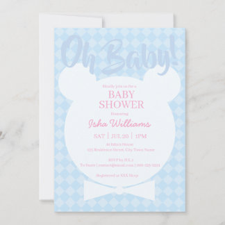 Convite Light Blue Bear bow tied Oh Baby Shower Invitation