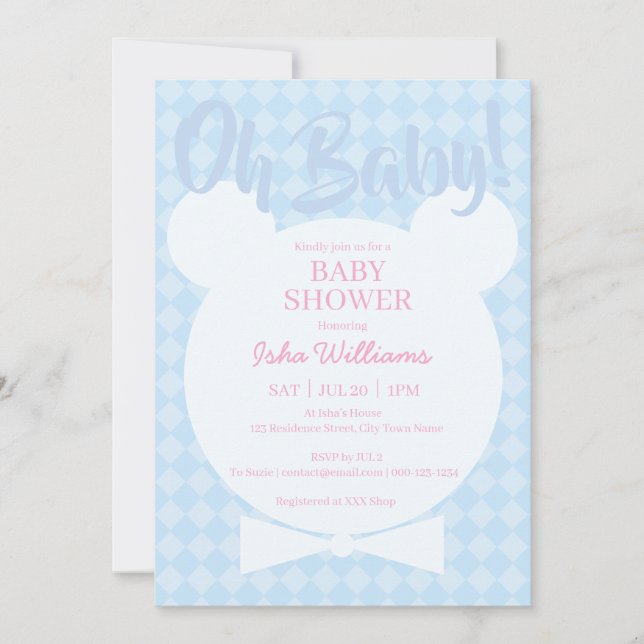 Convite Light Blue Bear bow tied Oh Baby Shower Invitation (Frente)