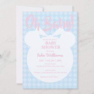 Convite Light Blue Bear Pink Oh Baby Shower Invitation