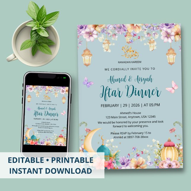 Convite Light Blue Floral and Butterfly Ramadan Iftar (Criador carregado)