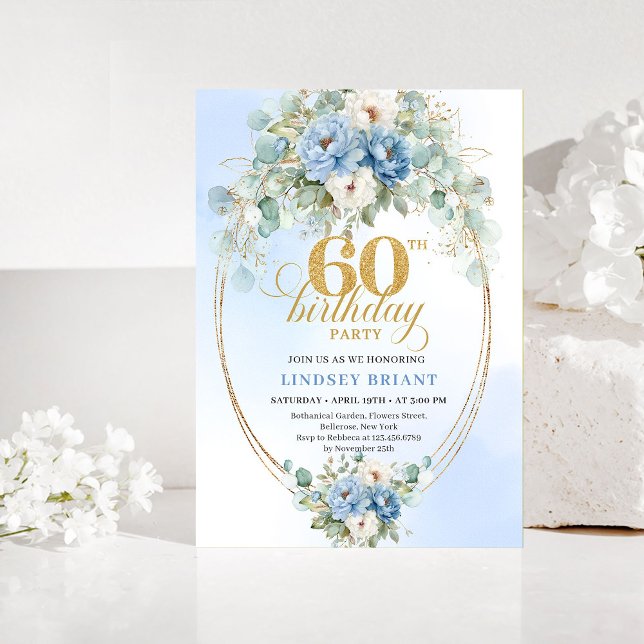 Convite Light Blue Floral Gold 60th Birthday Invitation (Light Blue Floral Gold 60th Birthday Invitation)