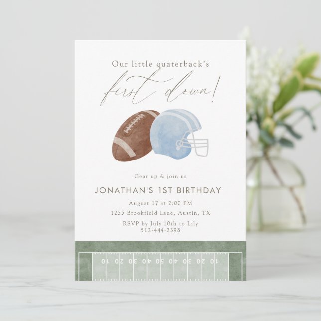 Convite Light Blue Football Helmet First Birthday (Em pé/Frente)