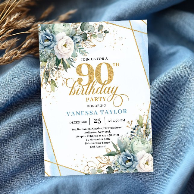 Convite Light blue gold accents floral chic 90th birthday  (Light blue gold accents floral chic 90th birthday invite)