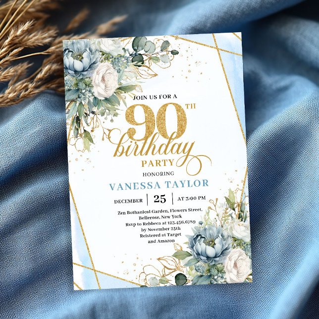 Convite Light blue gold luxe border greenery 90th birthday (Light blue gold luxe border greenery 90th birthday invite)