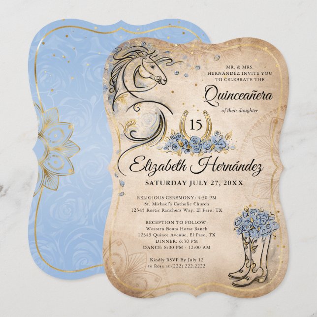 Convite Light Blue Gold Quinceanera Rustic Horse Birthday (Frente/Verso)