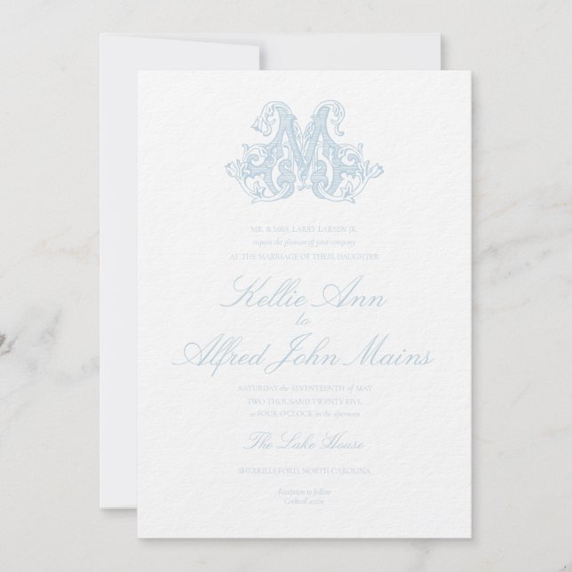 Convite Light Blue "M" Monogram Wedding Invitation (Frente)