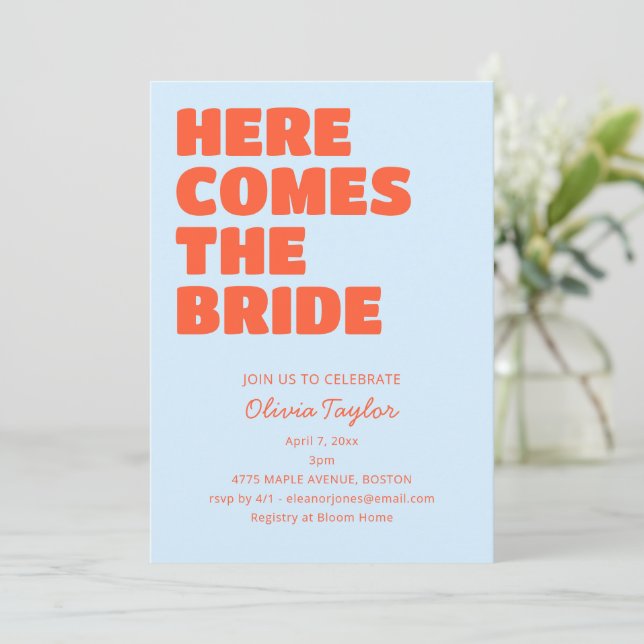 Convite Light Blue Orange Bold Typography Bridal Shower (Em pé/Frente)