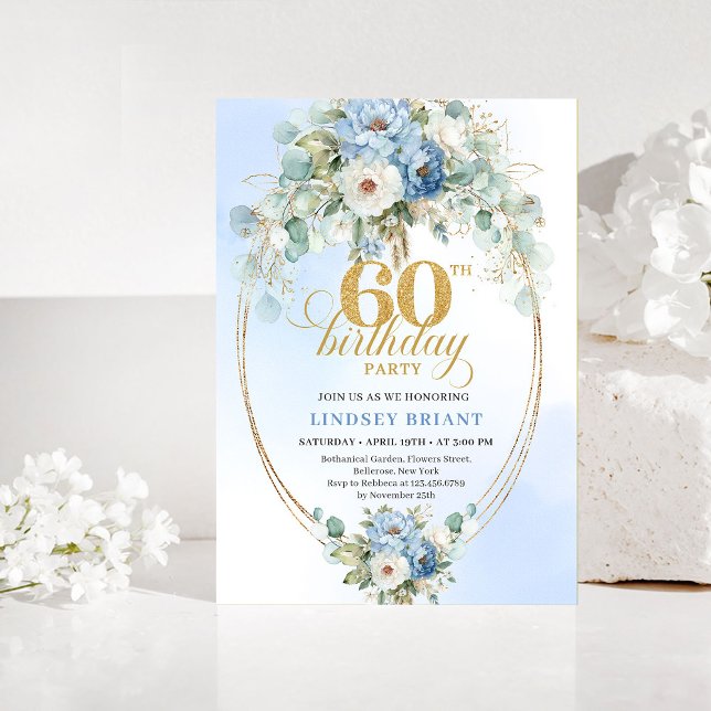 Convite Light blue peony eucalyptus gold 60th birthday  (Light blue peony eucalyptus gold 60th birthday invitation

)