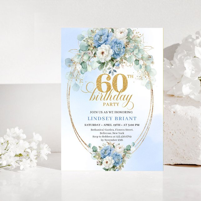 Convite Light Blue Peony Greenery 60th Birthday Invitation (Light Blue Peony Greenery 60th Birthday Invitation)