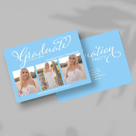 Convite Light Blue Script Photo Collage Graduation Card
