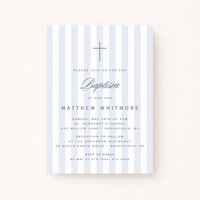 Convite Light Blue Striped Boy Baptism Invitation (Criador carregado)