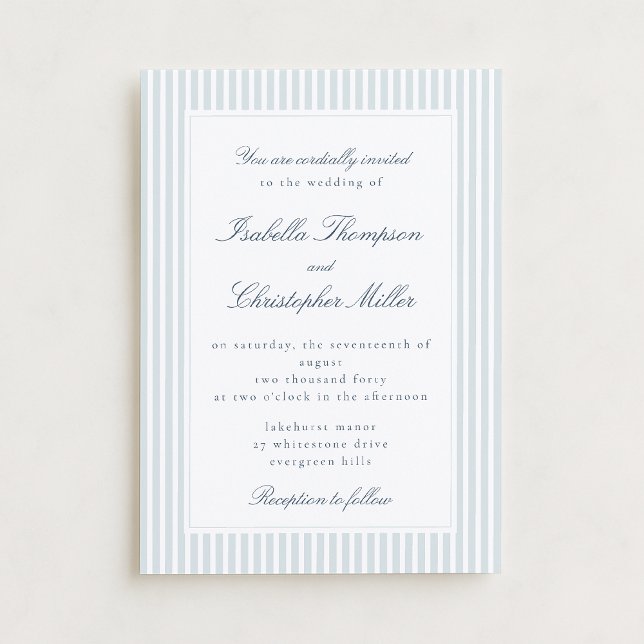 Convite Light Blue Striped Modern Script Wedding Invitatio (Criador carregado)