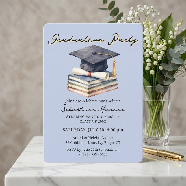 Convite Light Blue Watercolor Books Cap Graduation Party (Criador carregado)