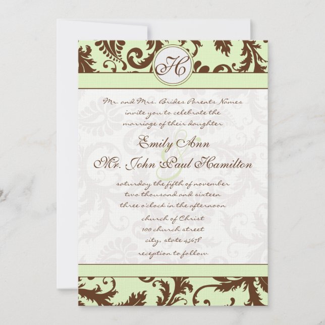 Convite Light Celery Green Brown Damask Wedding Invitation (Frente)