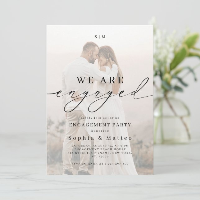Convite Light Faded Fading Photo Monogram Engagement Party (Em pé/Frente)