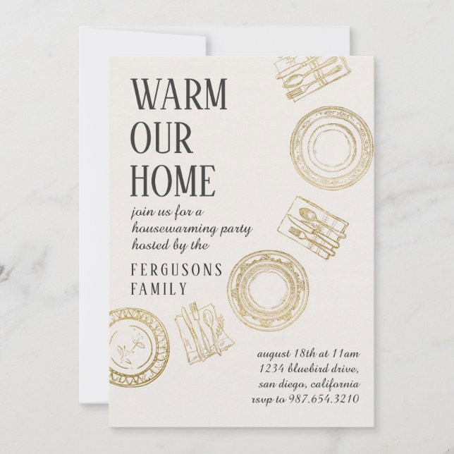 Convite Light Soft Beige Gold Dining House Warming Party (Frente)
