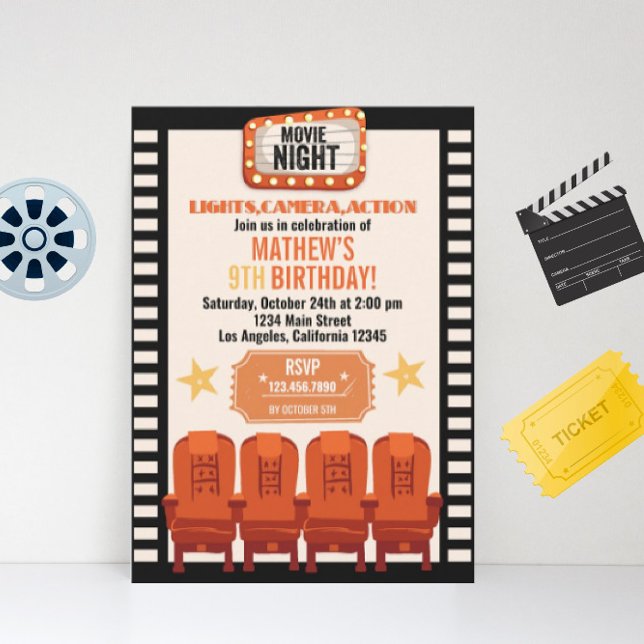 Convite Lights Camera Action Movie Night Birday (Criador carregado)