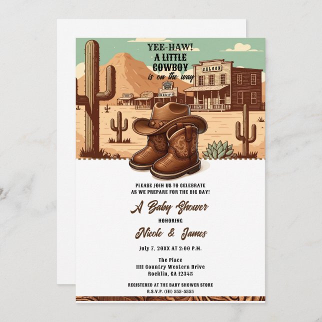 Convite Lil Cowboy Country Western Boots + Chá de fraldas  (Frente/Verso)