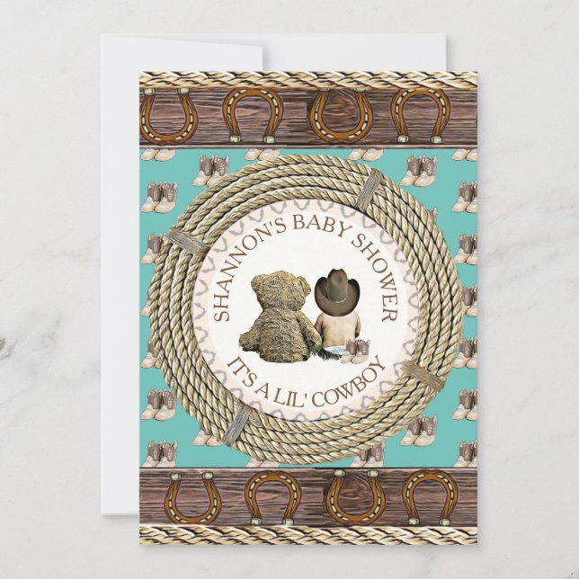 Convite Lil' Cowboy Rustic Country and Western Chá de fral (Frente)