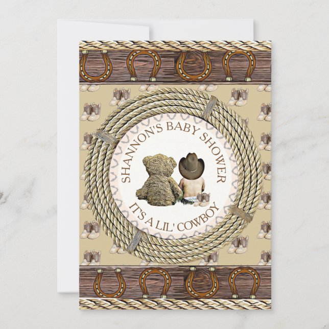 Convite Lil' Cowboy Rustic Country and Western Chá de fral (Frente)