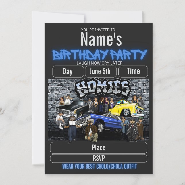 Convite Lil Homies Birthday Invitation, Cholo 90s Theme  (Frente)