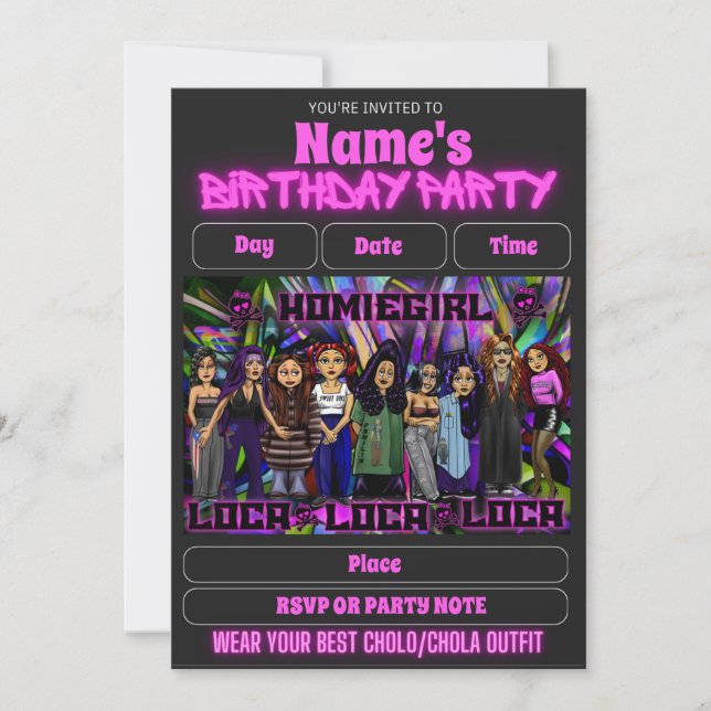 Convite Lil Homies Chicanas Party Invitation 90s Theme (Frente)