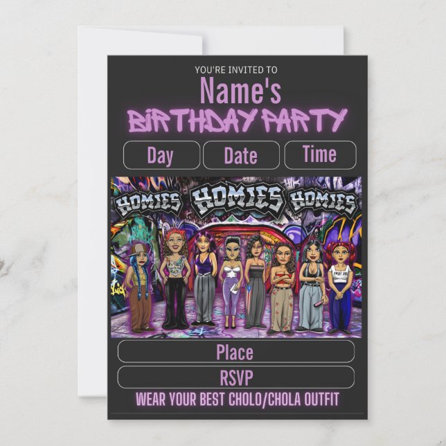 Convite Lil Homies Chicanas Party Invitation 90s Theme (Frente)