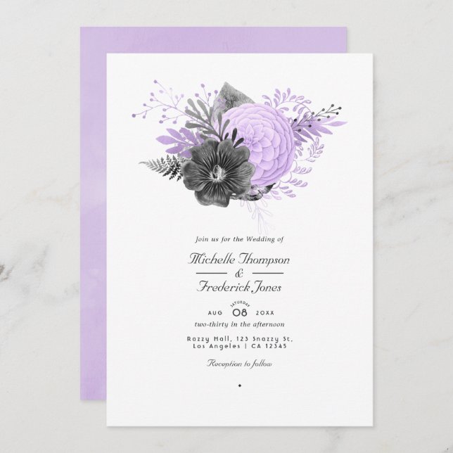 Convite Lilac and Charcoal Floral  QR Code RSVP Wedding (Frente/Verso)