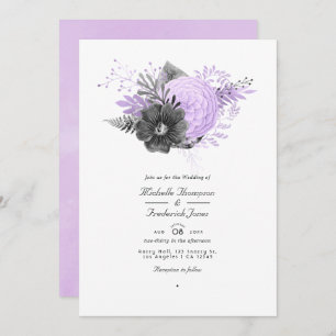Convite Lilac and Charcoal Floral  QR Code RSVP Wedding