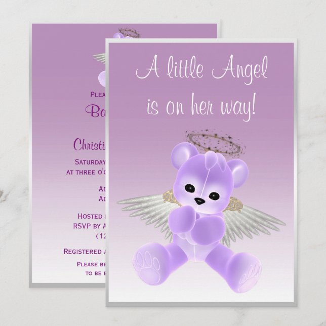 Convite Lilac Angel Teddy Bear Chá de fraldas (Frente/Verso)