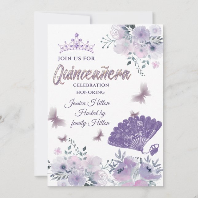 Convite Lilac Butterfly fã floral de mão tiara Quinceañera (Frente)
