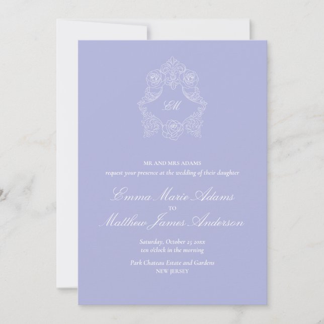 Convite Lilac Crest Monograma Clássico Casamento Periwinkl (Frente)