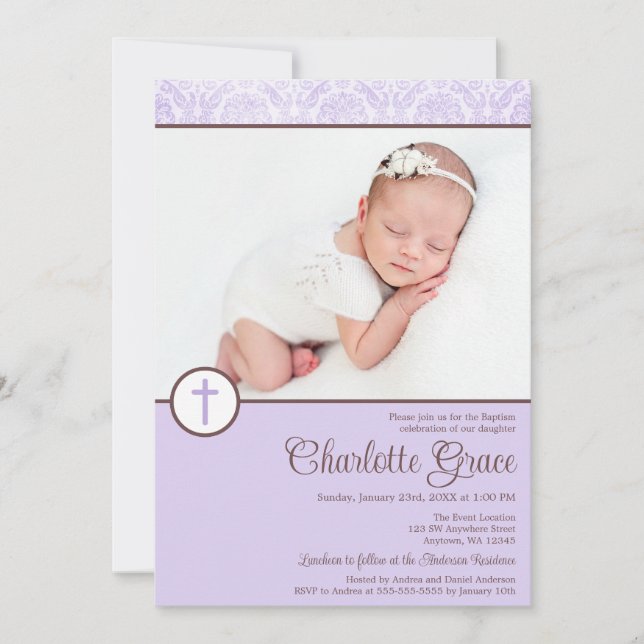Convite Lilac Damask Cross Girl Foto Baptism Christening (Frente)