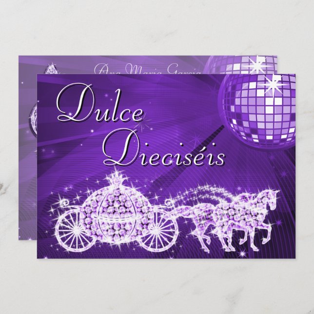 Convite Lilac Disco Ball, Princess Coach & Horses Sweet 16 (Frente/Verso)