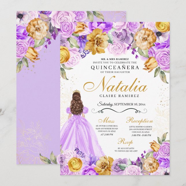 Convite Lilac Dourada Princesa Glitter Tiara Quinceanera (Frente/Verso)