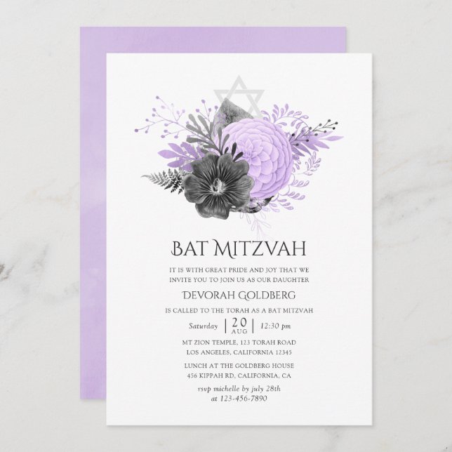 Convite Lilac e Carvão Floral Bat Mitzvah (Frente/Verso)