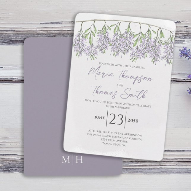 Convite Lilac Elegante De Caligrafia Floral Por Aquarela (Watercolor elegant Spring wisteria flower vine wedding invitation. )