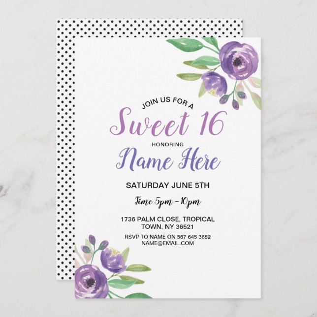 Convite Lilac floral da flor roxa da festa de aniversário (Frente/Verso)