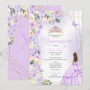 Convite Lilac Floral Quinceañera e Brilho Dourado Sweet 15