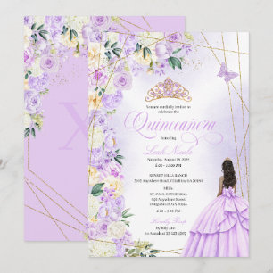 Convite Lilac Floral Quinceañera e Dourado Brilho Doce 15