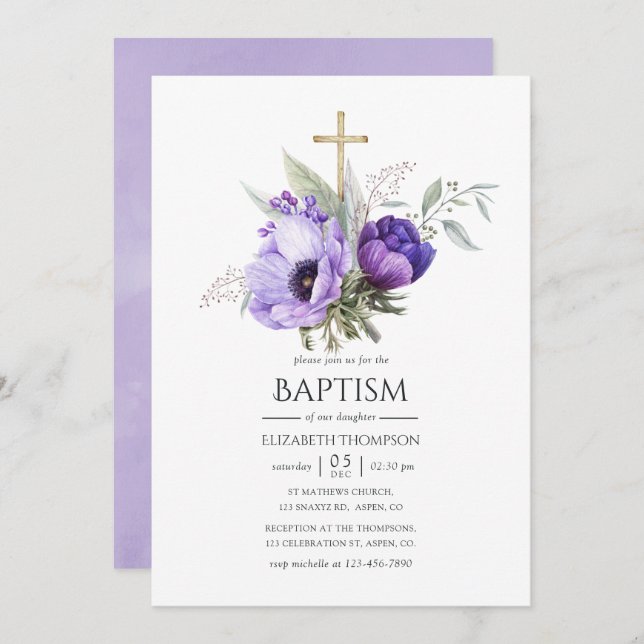 Convite Lilac Floral temido por Baptismo ou Christening (Frente/Verso)