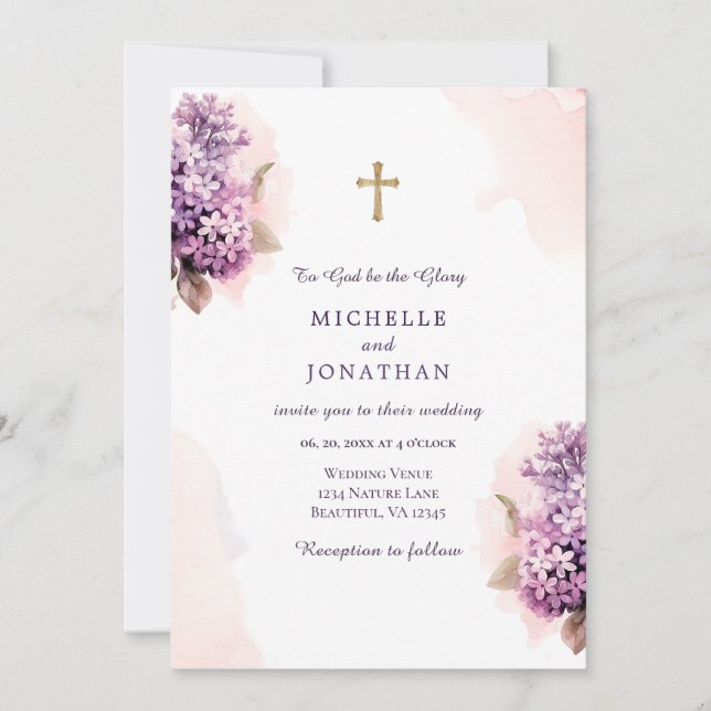 Convite Lilac Floral Watercolor Christian Cross Weds (Frente)