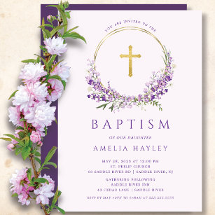 Convite Lilac Flores Meninas Primeiro Batismo
