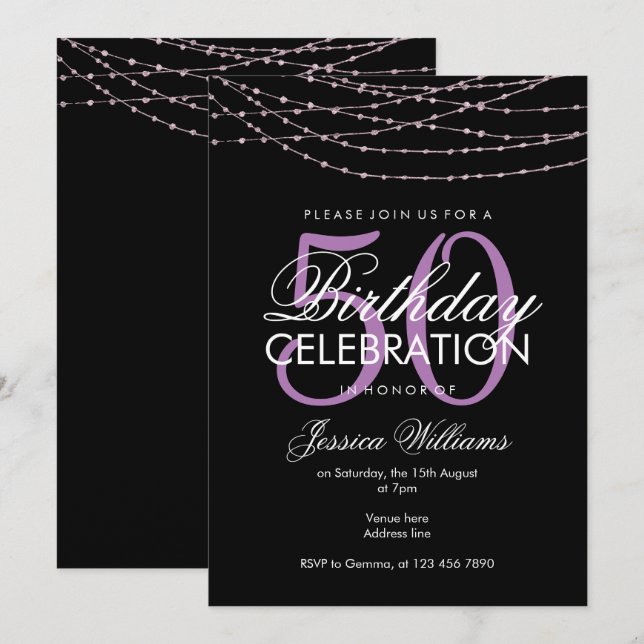 Convite Lilac Glamorous Luz 50º Aniversário (Frente/Verso)