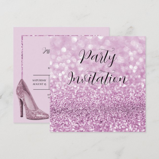 Convite Lilac Glitter Bokeh e Stilettos Aniversário (Frente/Verso)