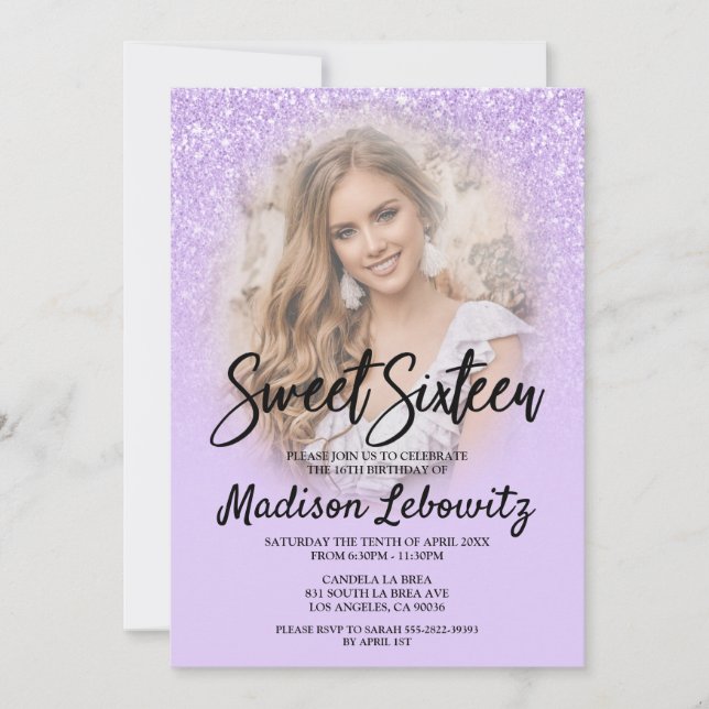 Convite Lilac Glitter Glam Sweet 16 Photo Invitation (Frente)